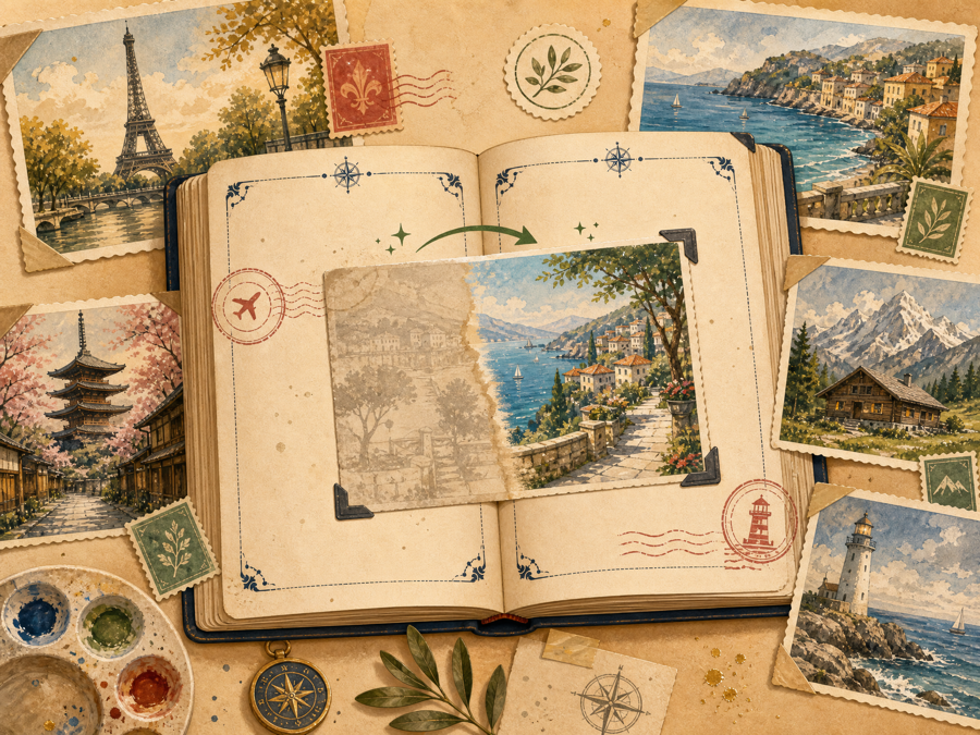 Travel album spread with city vignettes and a postcard being restored