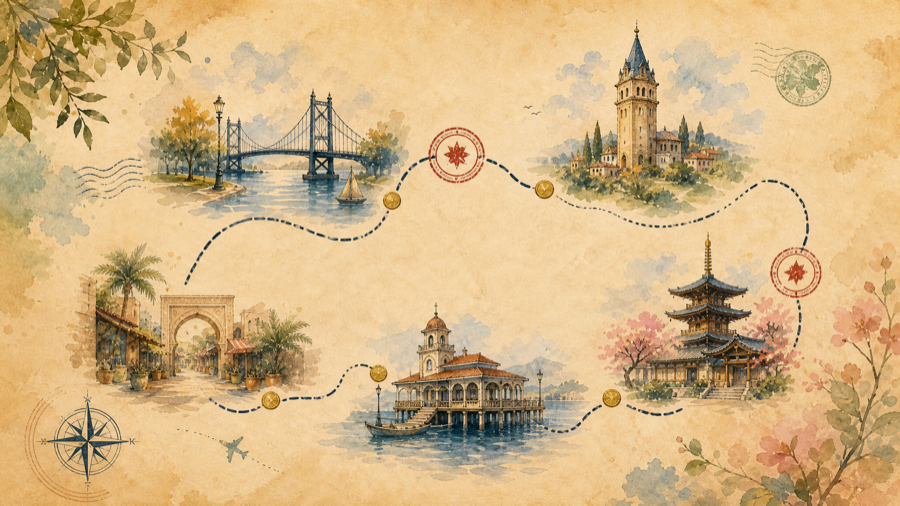 Stylized travel route map with city landmarks and stamp checkpoints