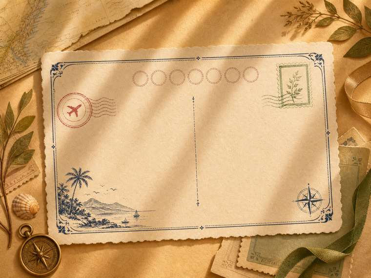 Daily postcard illustration with stamp circles and travel souvenirs