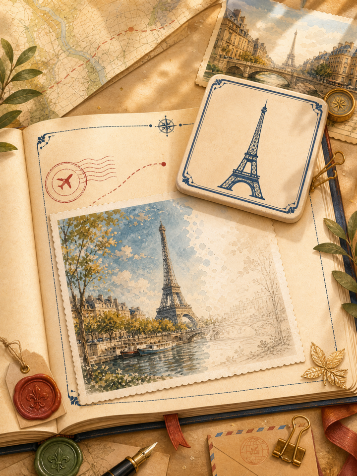 Hand-painted travel album with a large souvenir tile and a restoring Paris postcard